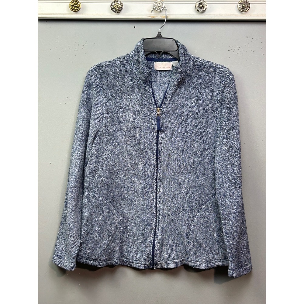 Stan Herman Womens Blue Textured Knit Full Zip Mock Neck Jacket M